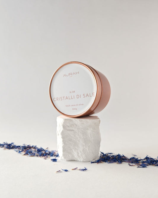 Candela travel Aurah Lab fragranza Cristalli di Sale in cera di oliva e barattolo di alluminio rose gold
