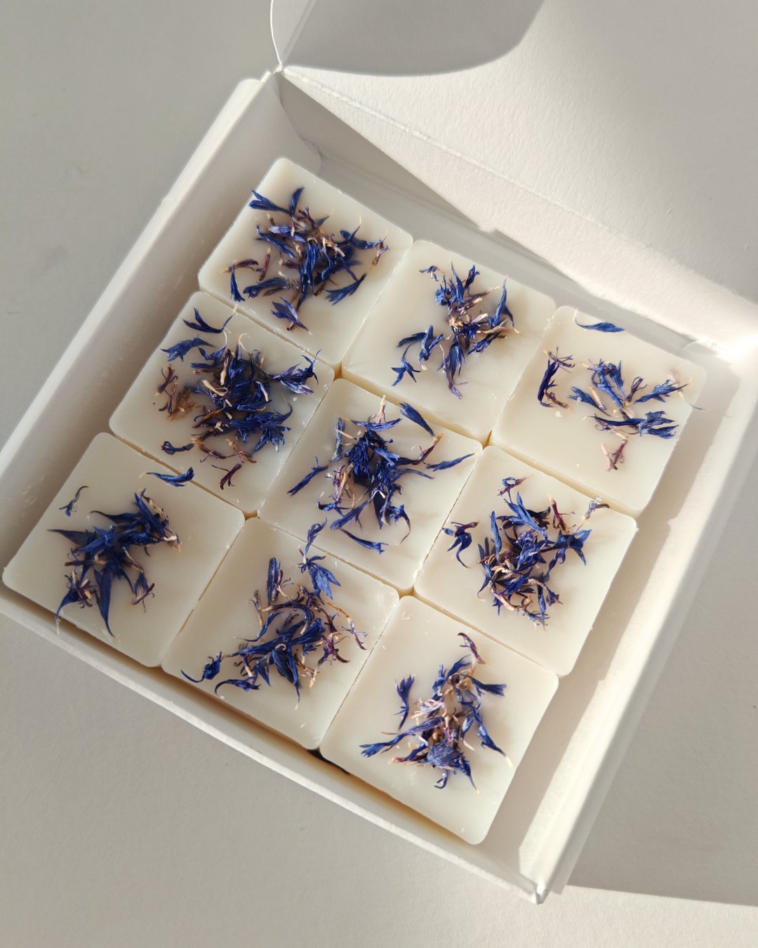 Set da 9 Praline botaniche (wax melt) in cera cera di oliva ai Cristalli di Sale, con petali di fiordaliso, ideali per il brucia essenze.