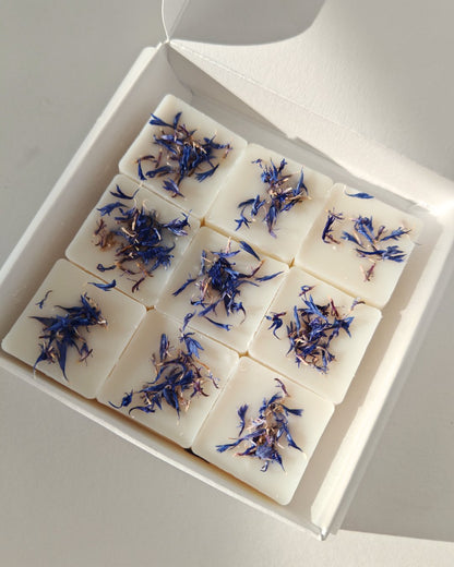 Set da 9 Praline botaniche (wax melt) in cera cera di oliva ai Cristalli di Sale, con petali di fiordaliso, ideali per il brucia essenze.