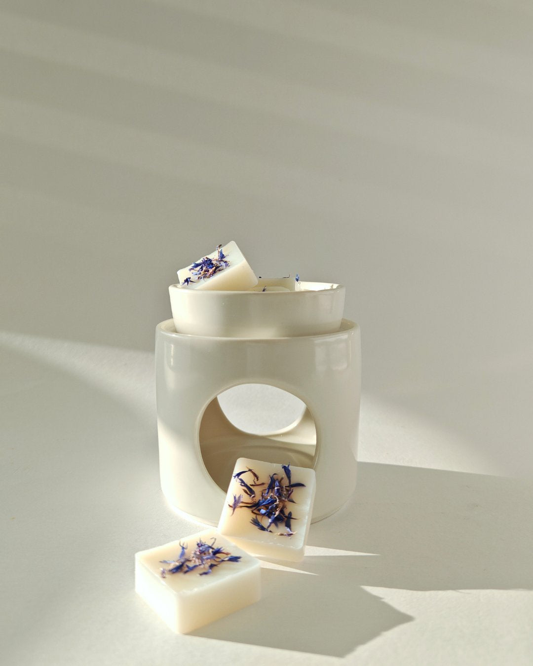 Set da 9 Praline botaniche (wax melt) in cera cera di oliva ai Cristalli di Sale, con petali di fiordaliso, ideali per il brucia essenze.