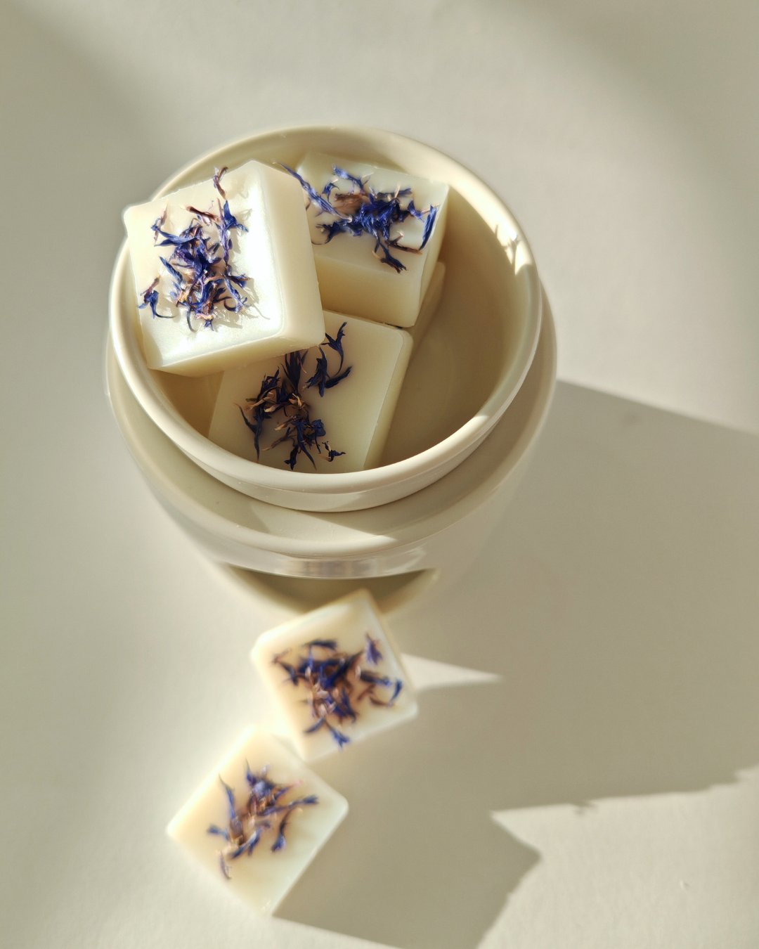 Set da 9 Praline botaniche (wax melt) in cera cera di oliva ai Cristalli di Sale, con petali di fiordaliso, ideali per il brucia essenze.