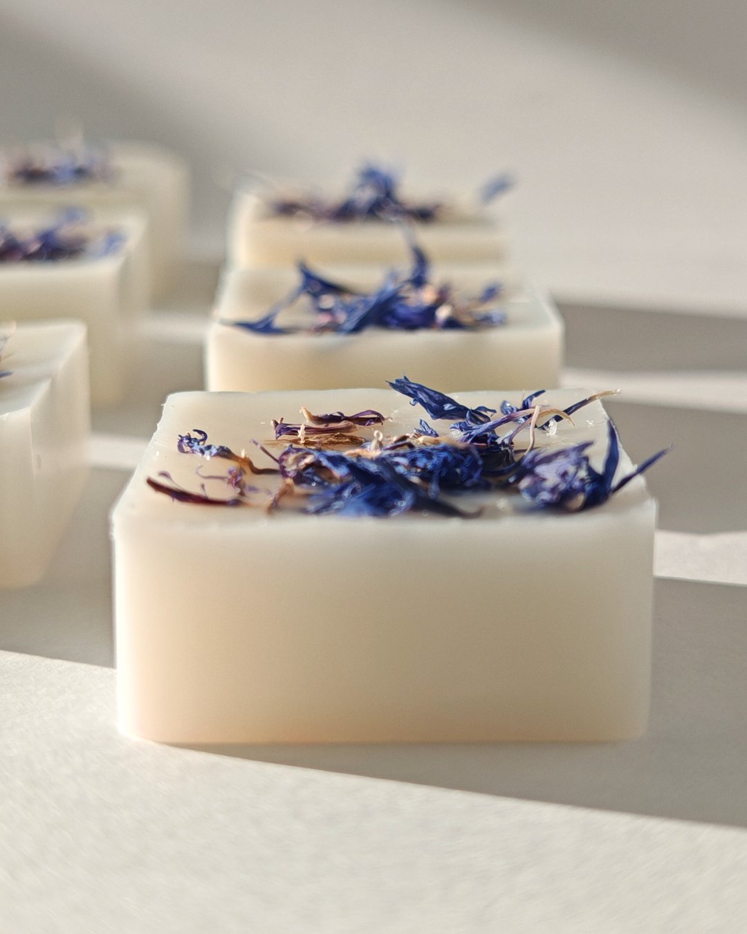 Set da 9 Praline botaniche (wax melt) in cera cera di oliva ai Cristalli di Sale, con petali di fiordaliso, ideali per il brucia essenze.