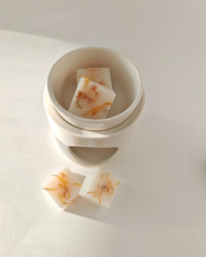 Set da 9 Praline botaniche (wax melt) in cera cera di oliva al Palo Santo, con petali di calendula, ideali per il brucia essenze.
