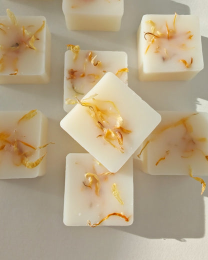 Set da 9 Praline botaniche (wax melt) in cera cera di oliva al Palo Santo, con petali di calendula, ideali per il brucia essenze.