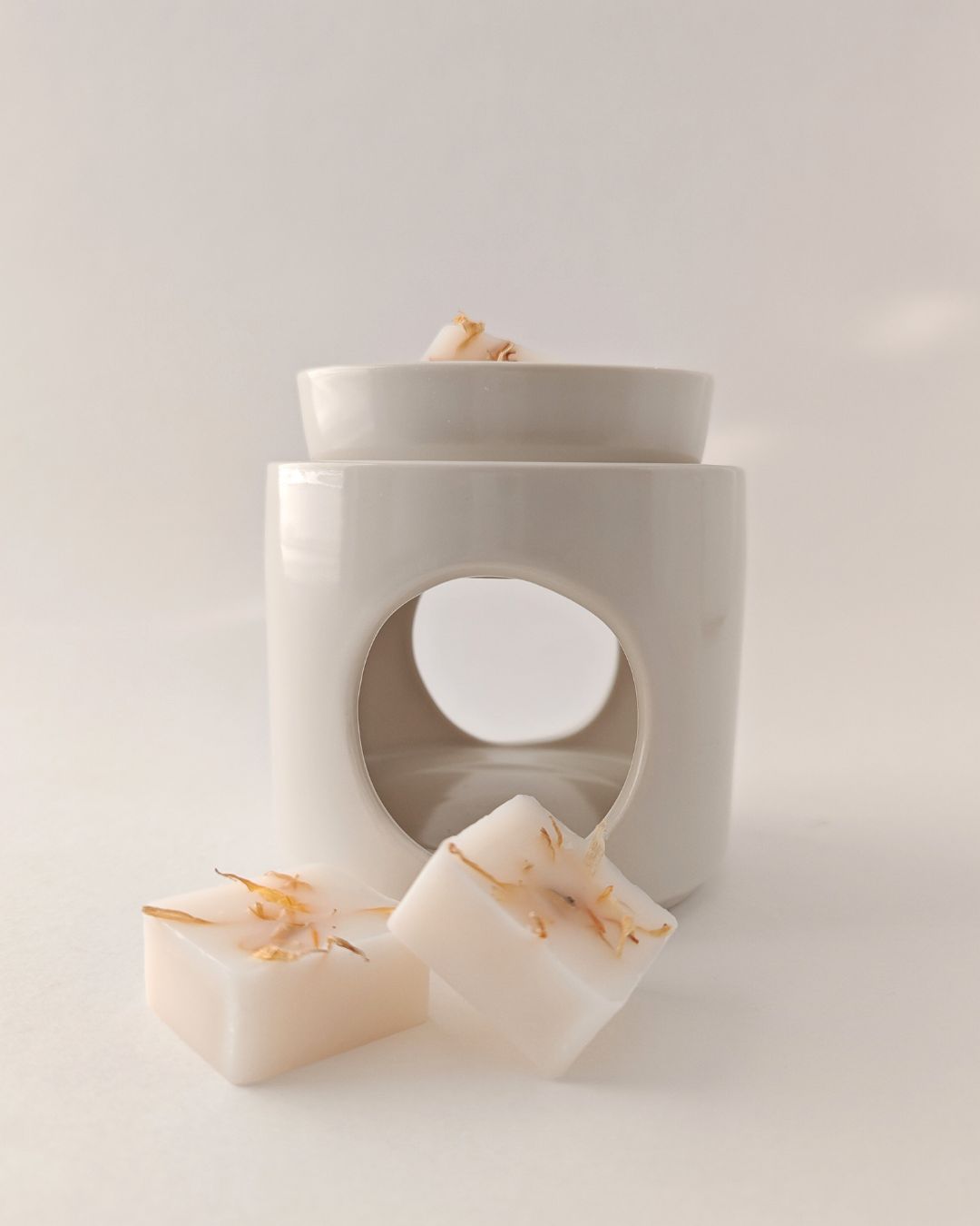 Set da 9 Praline botaniche (wax melt) in cera cera di oliva al Palo Santo, con petali di calendula, ideali per il brucia essenze.