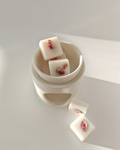 Set da 9 Praline botaniche (wax melt) in cera cera di oliva al Sandalo & Fico, con fico essiccato, ideali per il brucia essenze.
