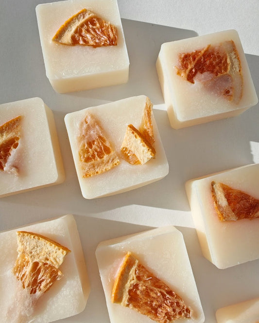 Set da 9 Praline botaniche (wax melt) in cera cera di oliva alla Zagara con arancia essiccata, ideali per il brucia essenze.