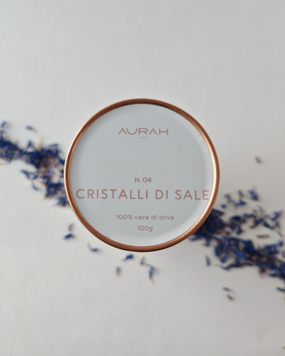 Candela travel Aurah Lab fragranza Cristalli di Sale in cera di oliva e barattolo di alluminio rose gold