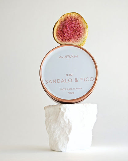 Candela travel Aurah Lab in latta rose gold, Sandalo & Fico in cera di oliva e stoppino in legno